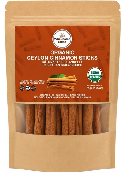 Wholesome North organic Ceylon cinnamon sticks, 75 g pouch