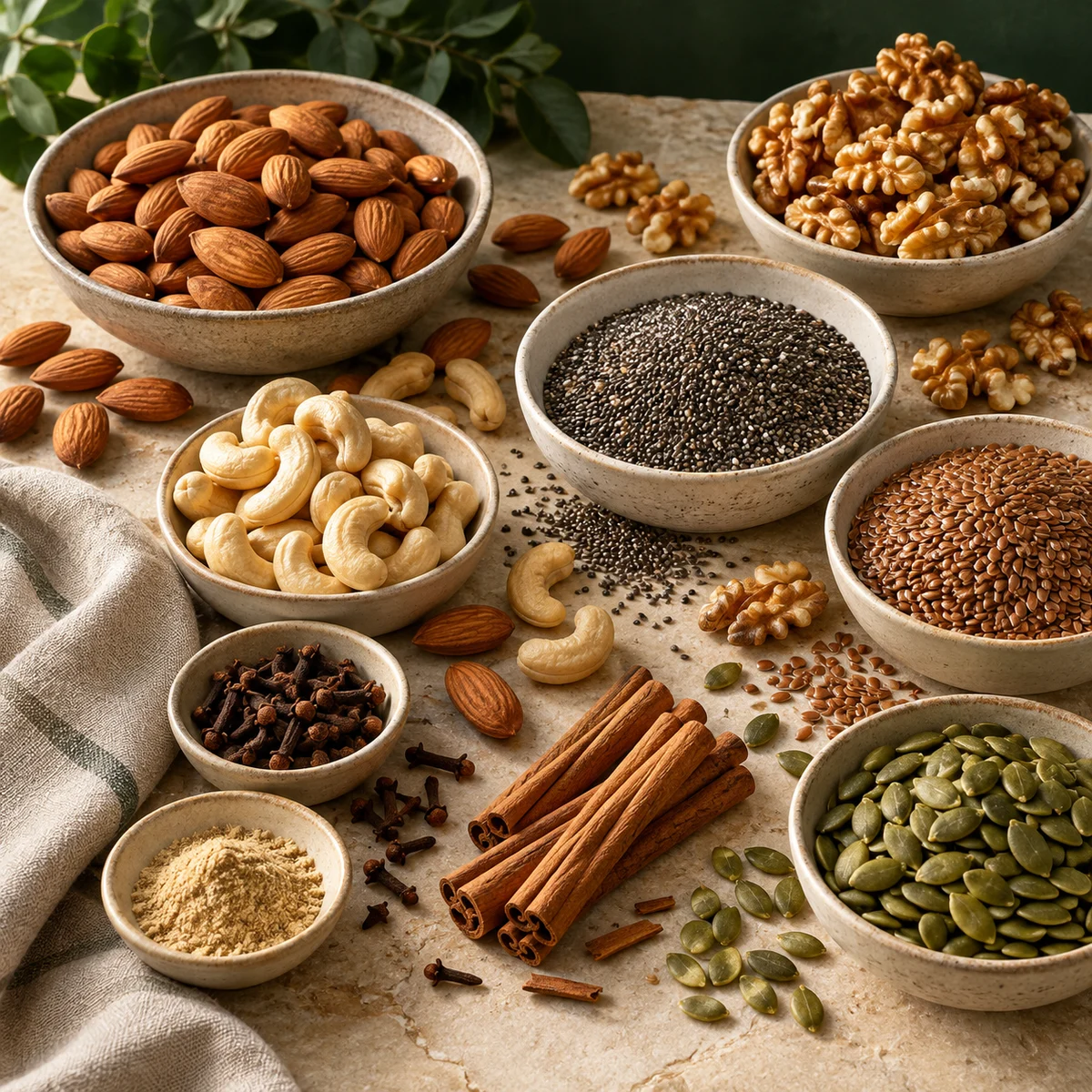 An abundant spread of nuts, chia, flax, pumpkin seeds and spices, expressing our broader pantry vision