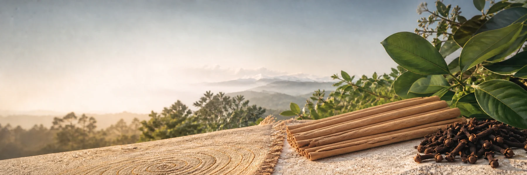Cinnamon quills and whole cloves against a green Sri Lankan landscape
